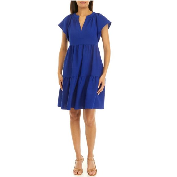 Calvin Klein Royal Blue Guaze Flutter-Sleeve Tiered Dress 16 - Picture 1 of 14